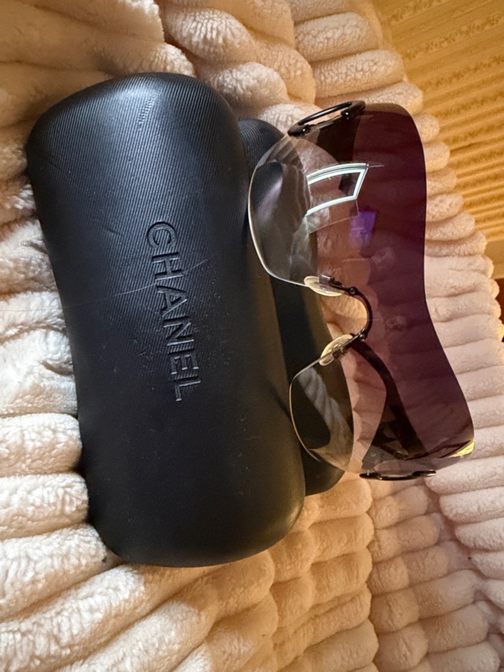 CHANEL Rimless Shield Sunglasses in Black Frame with Purple Gradient Lenses